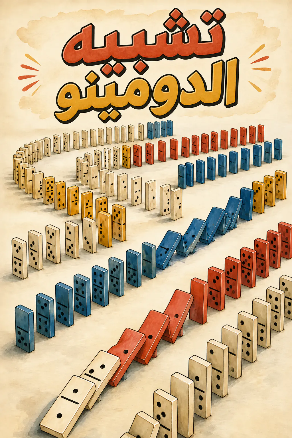 عدة صفوف من أحجار الدومينو واقفة على خلفية كريمية، ومعها رد فعل متسلسل يقلبها في المقدمة. في الأعلى، العنوان المرسوم «تشبيه الدومينو»