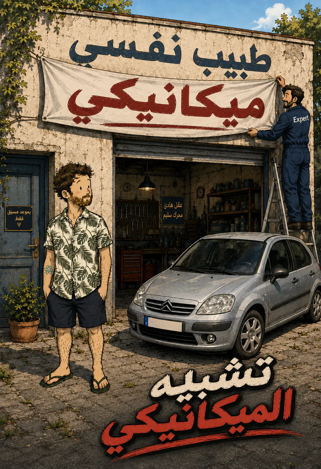 على حيطان كراج، اللافتة المرسومة « PSYCHIATRE » متغطية بلافتة حمراء مكتوب عليها « GARAGISTE »، والgaragiste ببدلته مكمل شدّها وهو فوق سلّم صغير، وزبونه واقف يتفرج جنبه سيارة. تحت، العنوان المرسوم: « L'analogie du garagiste »