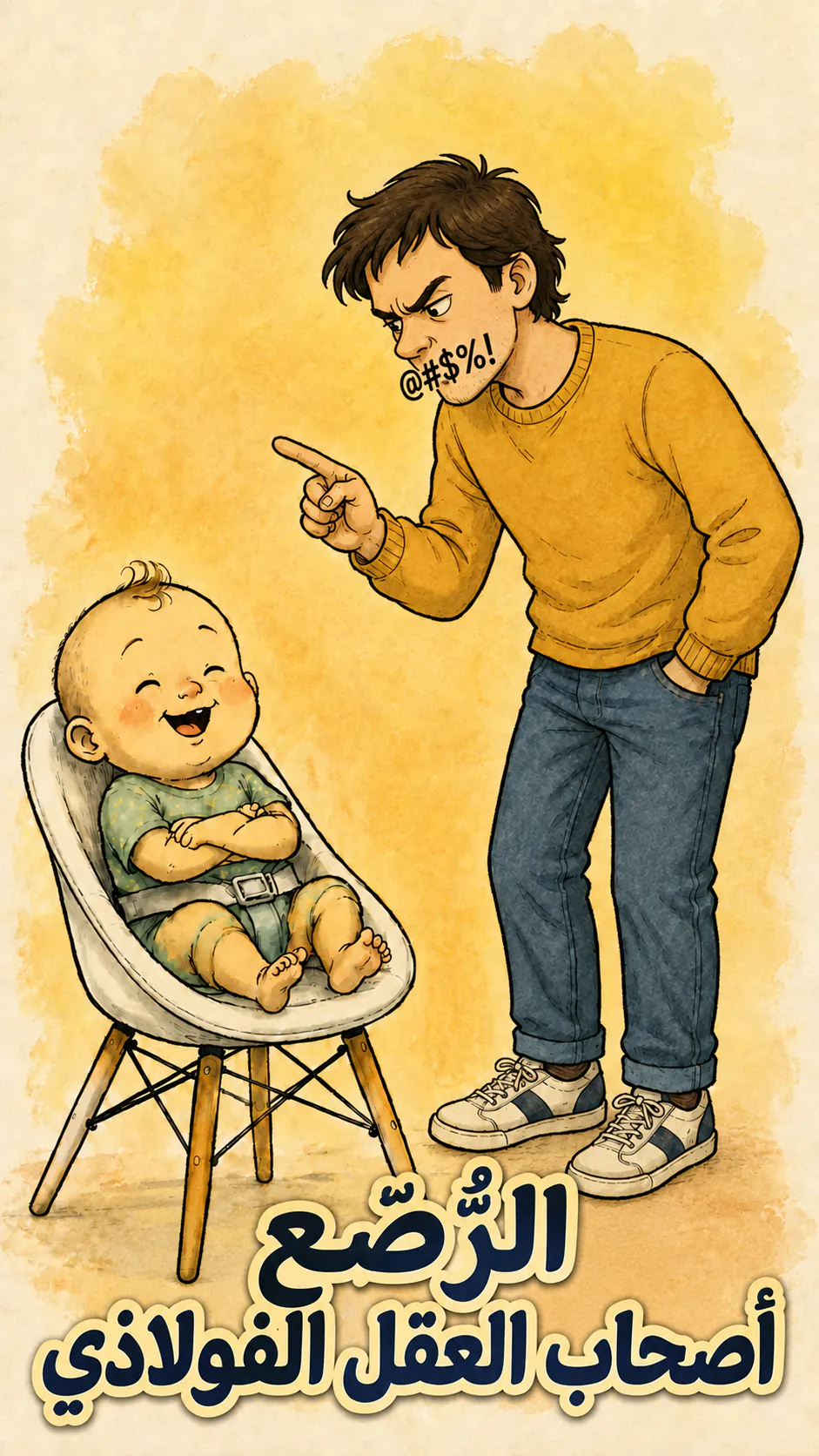 رضيع يضحك، وما يهتز له شعرة، بينما رجل منزعج يكلمه وهو يشير بإصبعه، والعنوان « الأطفال بعقلية من فولاذ » ظاهر في الأسفل.