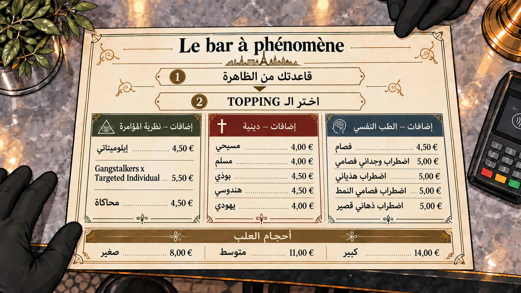 منيو بار الظاهرة من الأعلى، فيه فئات الإضافات وأسعارها
