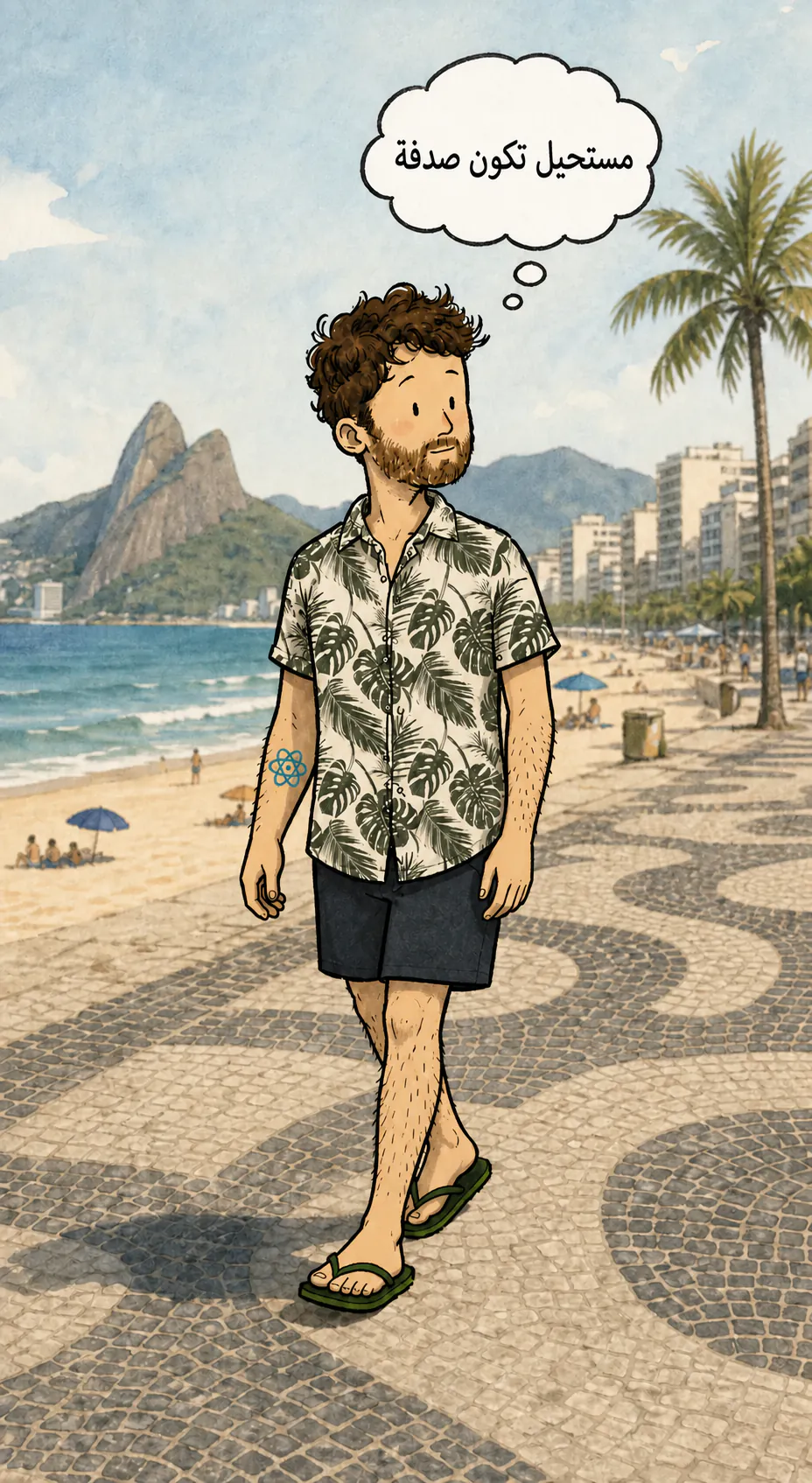 الشخصية يمشي بهدوء على الممشى عند شاطئ Ipanema في Rio de Janeiro، بقميص مزهر وشورت وشبشب. فقاعة تفكير تقول: «هذه كبيرة زيادة عن اللزوم»