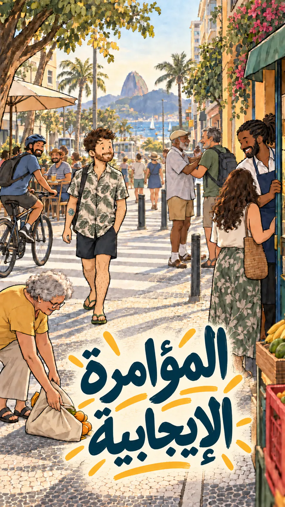 David يمشي وحده في شارع مشمس، والناس حوله يبتسمون ويساعدون بعض، تحت عنوان «المؤامرة الإيجابية»