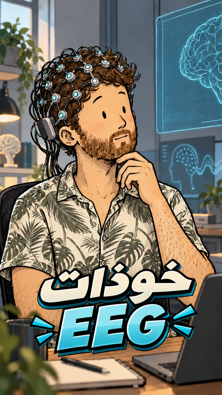 David قاعد في مختبر مستقبلي، لابس خوذة EEG مغطاة بأقطاب وأسلاك، والعنوان « خوذات EEG » ظاهر تحت