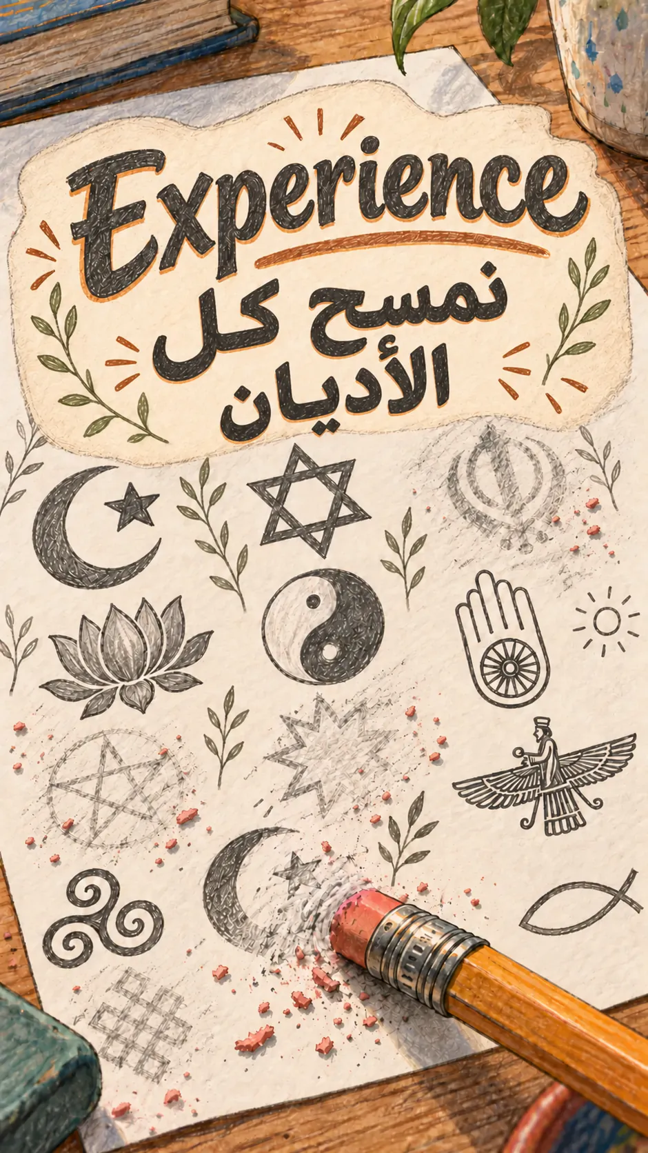 ورقة مغطاة برموز دينية مرسومة بالغرافيت، وقد مُحي عدد منها بممحاة قلم رصاص، تحت عنوان « تجربة، نمسح كل الأديان »
