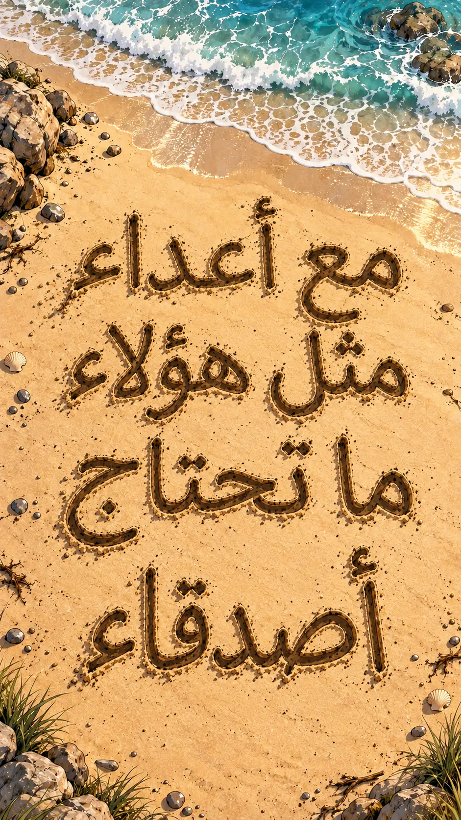 منظر من فوق لشاطئ، ورسالة «مع أعداء مثل هؤلاء، ما تحتاج أصدقاء» مكتوبة على الرمل