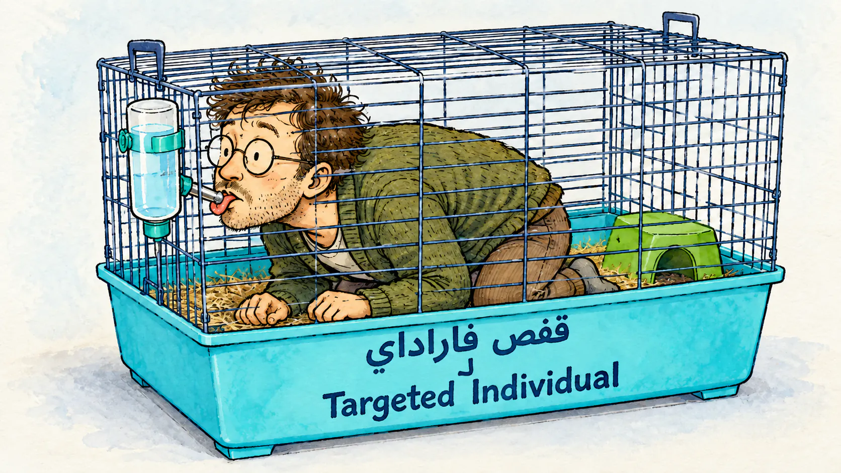 رجل شكله nerd ومهووس بالمؤامرات، محبوس داخل قفص ومعه رضاعة، ويلحس الكرة المعدنية ليشرب. على القاعدة مكتوب «Cage Faraday pour Targeted Individual».
