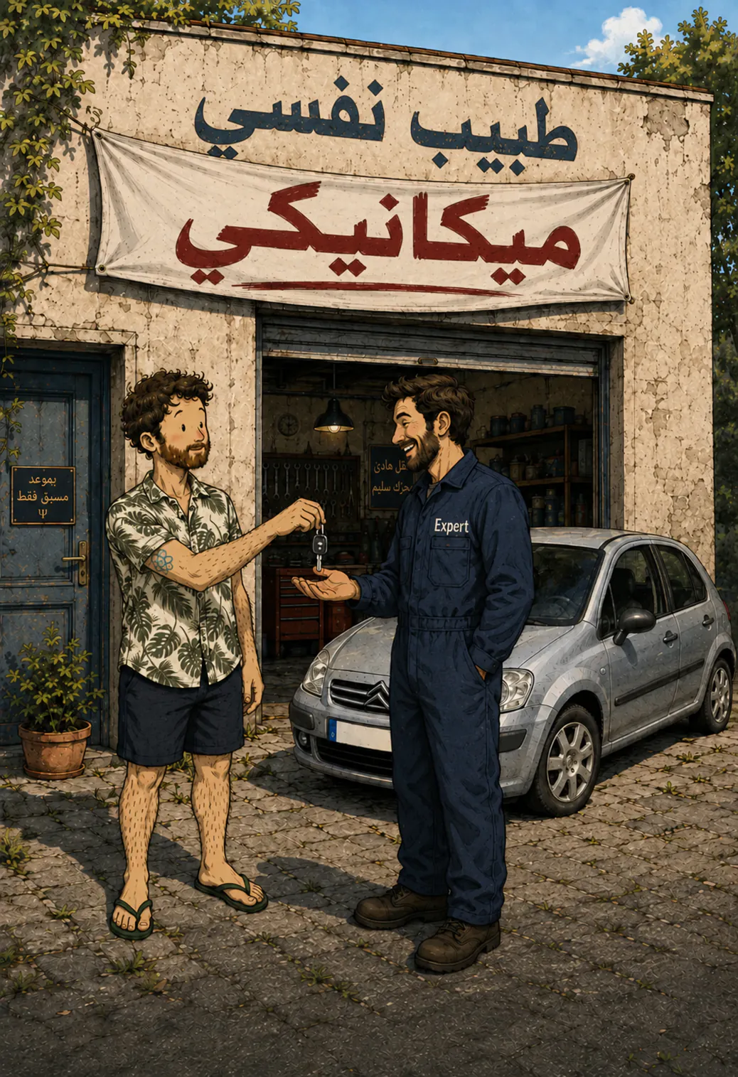 على حيطان كراج، اللافتة المرسومة « PSYCHIATRE » متغطية بلافتة حمراء مكتوب عليها « GARAGISTE »، والgaragiste ببدلته مكمل شدّها وهو فوق سلّم صغير، وزبونه واقف يتفرج جنبه سيارة. تحت، العنوان المرسوم: « L'analogie du garagiste »