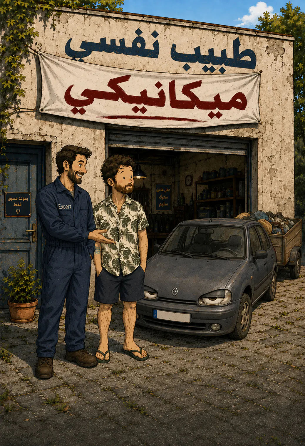 على حيطان كراج، اللافتة المرسومة « PSYCHIATRE » متغطية بلافتة حمراء مكتوب عليها « GARAGISTE »، والgaragiste ببدلته مكمل شدّها وهو فوق سلّم صغير، وزبونه واقف يتفرج جنبه سيارة. تحت، العنوان المرسوم: « L'analogie du garagiste »