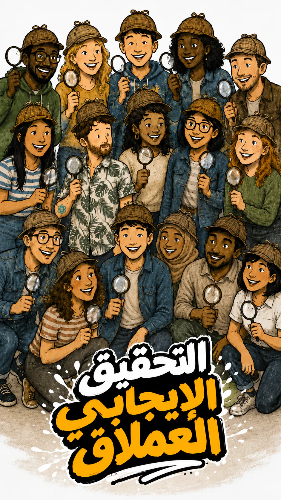 صورة جماعية مرسومة: حوالي عشرين شخصا مبتسمين، من كل الأعمار وكل الأصول، متراصين على ثلاثة صفوف، وكل واحد لابس قبعة محقق مربعة وماسك عدسة مكبرة. وتحت، عنوان مرسوم « التحقيق الإيجابي الضخم »