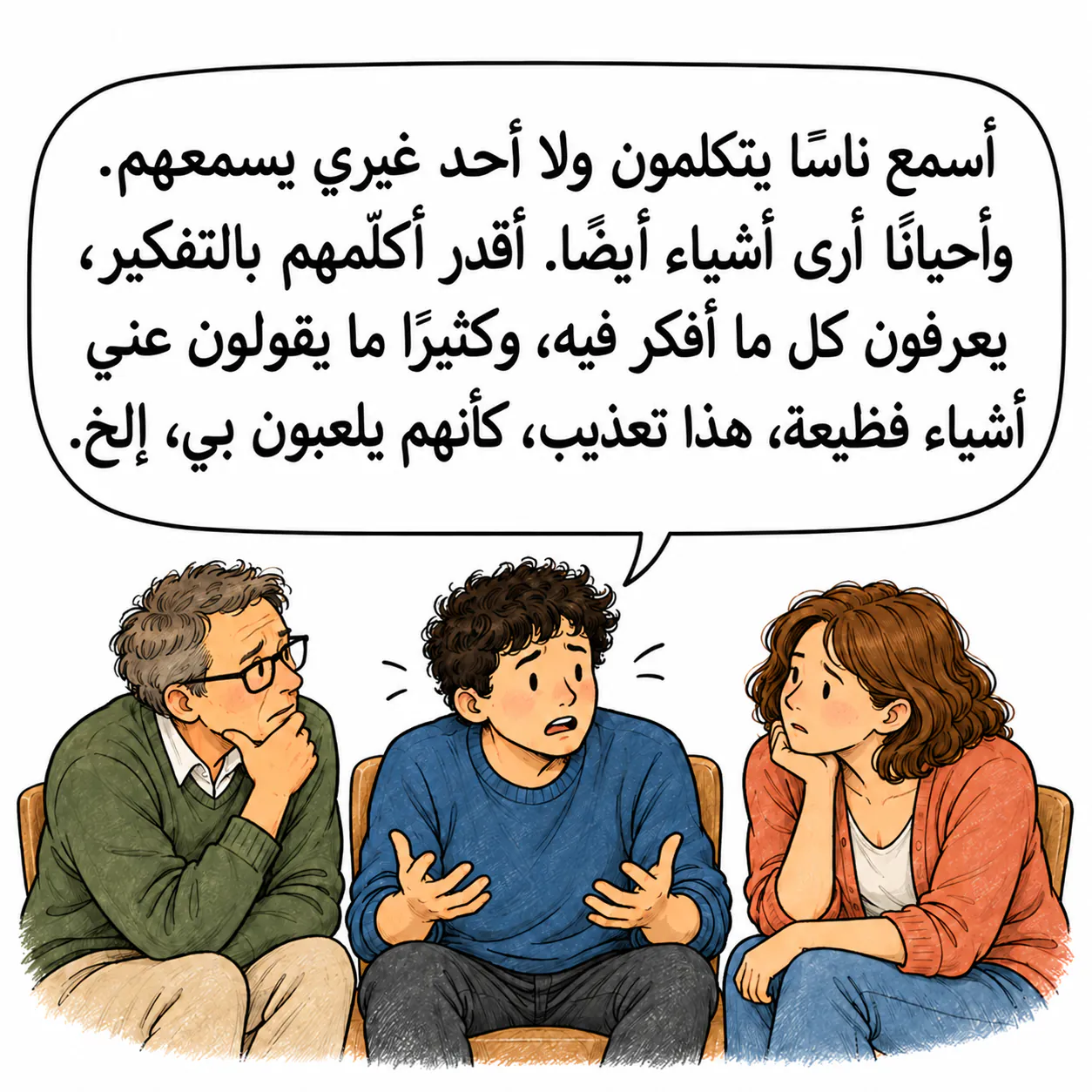 David يشرح لشخصين إنه يسمع أصواتًا ما يسمعها أحد غيره.