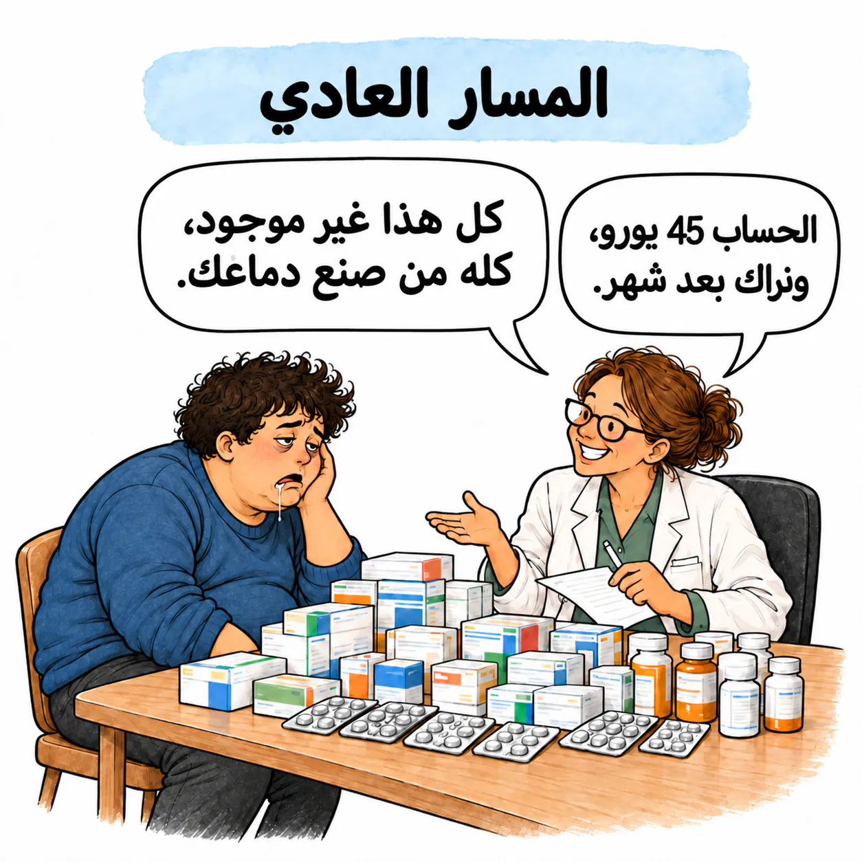 David أمام طبيبة نفسية، وحوله علب وقوارير أدوية.