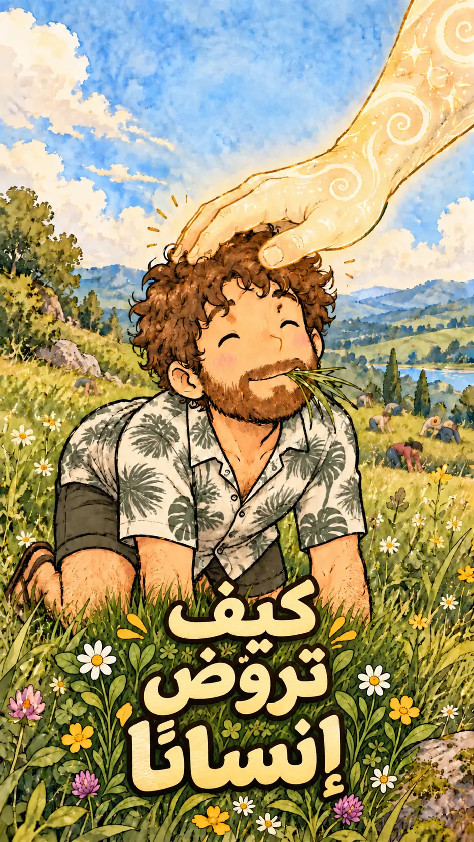 David يرعى العشب على أربع في مرج، بينما يد كبيرة غير بشرية تربّت على رأسه، وفي البعيد عدة بشر يرعون هم أيضًا.