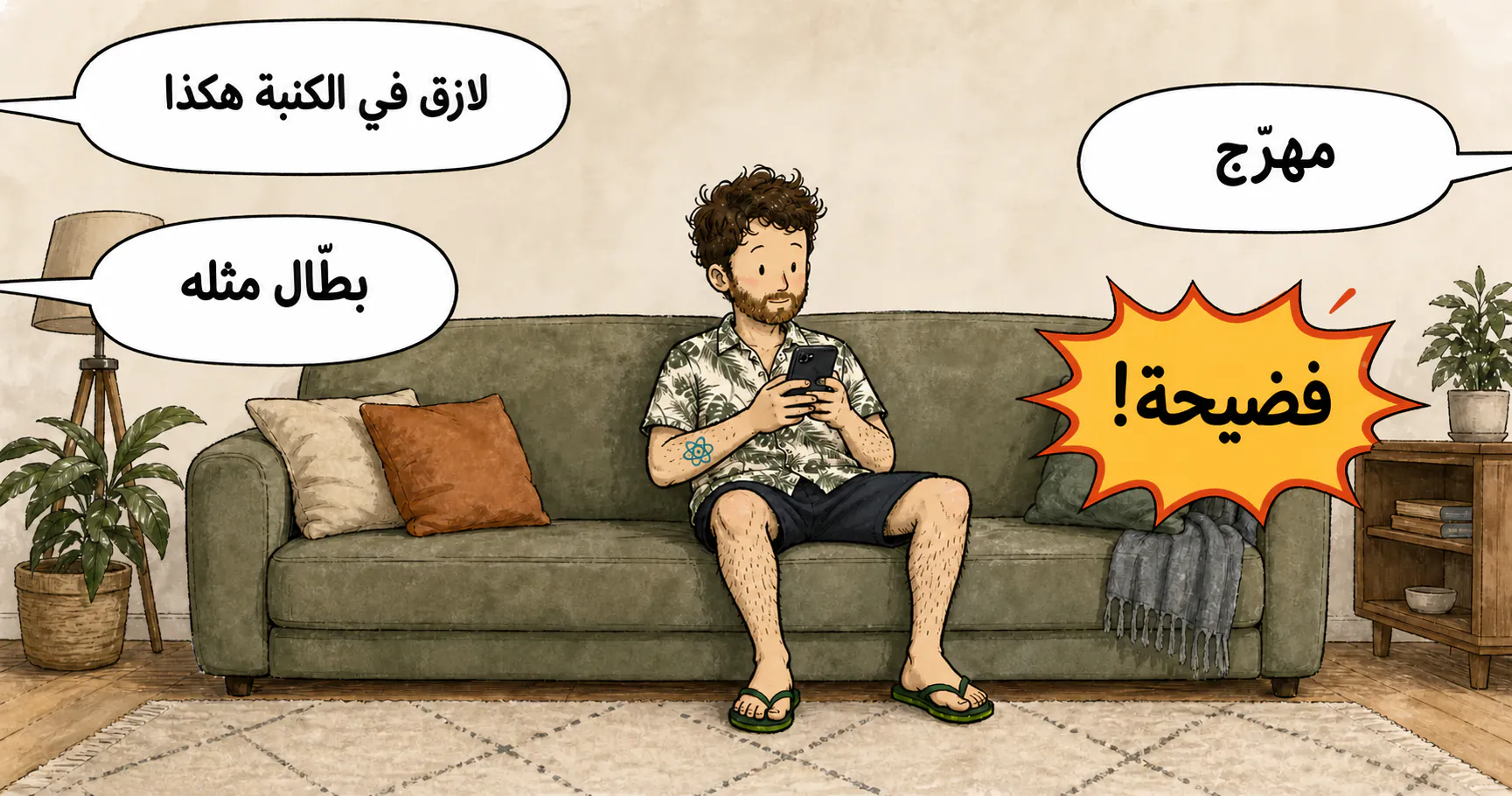توضيح أفقي مرسوم باليد: David، لوحده ومطروح على كنبة، يمرر هاتفه بينما أربع فقاعات كلام تأتي من خارج الإطار.