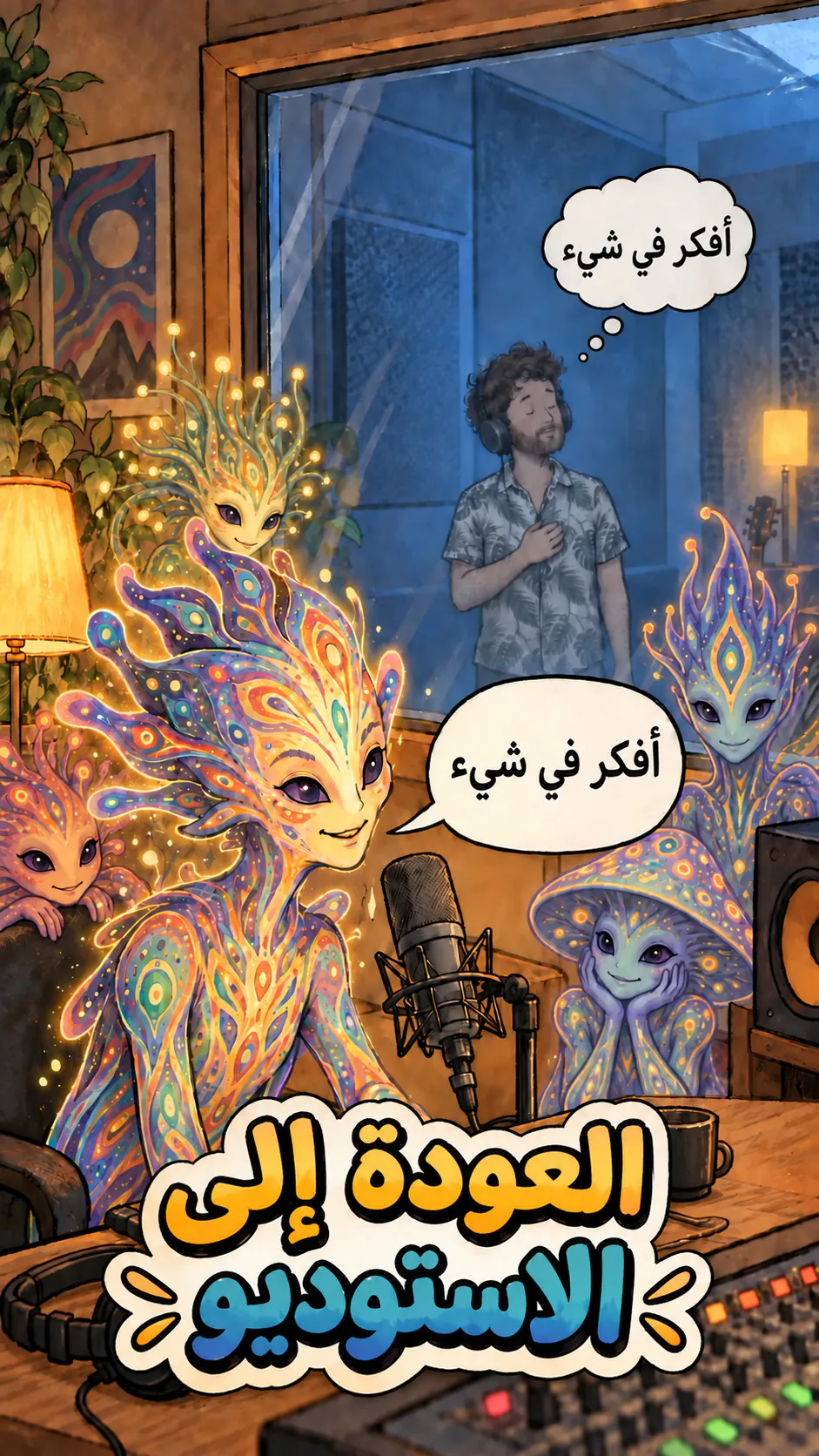كيان من DMT يتكلم أمام ميكروفون داخل استوديو، بينما David، بلون مزرق، يسمع من وراء زجاج وهو لابس سماعات، والعنوان «Le retour studio» ظاهر تحت