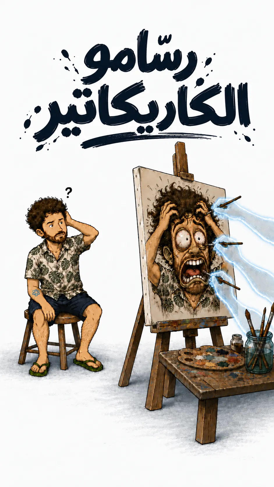 جالس على كرسي عالي، وفوق رأسه علامة استفهام، الشخصية تنظر إلى لوحة على حامل: بورتريهها على شكل كاريكاتير، تصرخ وعيناها تائهتان، وأيدٍ زرقاء شفافة تواصل رسمه