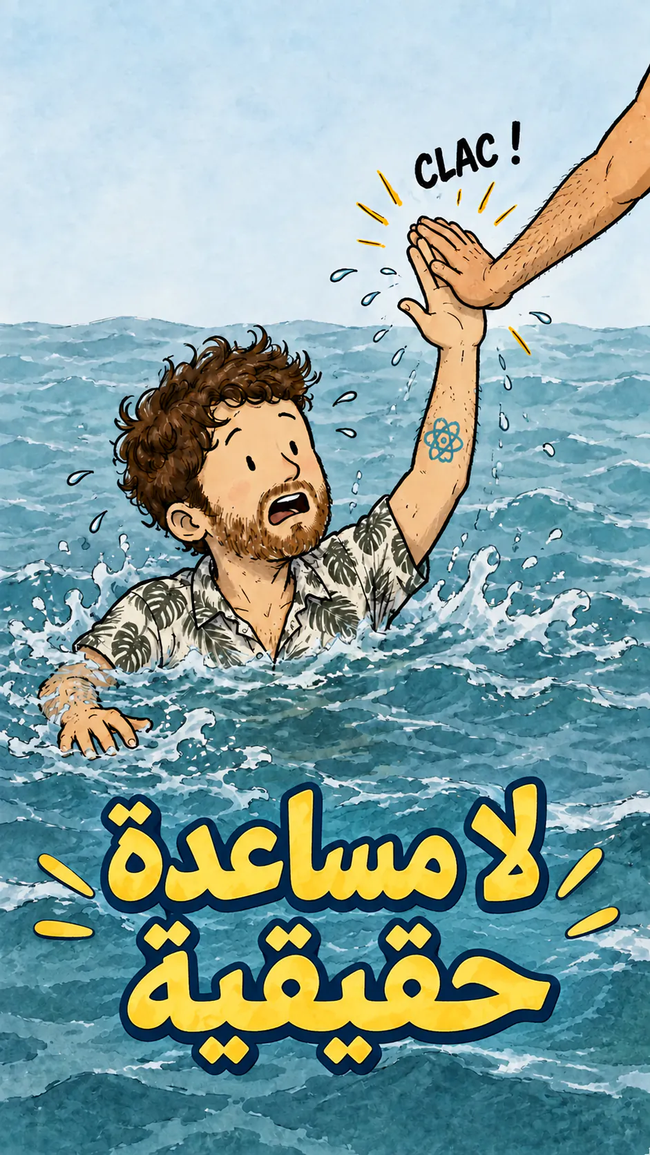 David يغرق ويرفع يده طالبًا المساعدة، لكن يدًا من خارج الكادر تصفق له على يده بدل ما تنقذه.