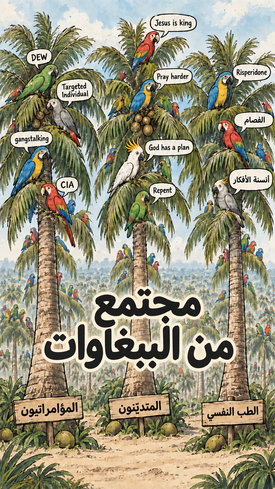 ثلاث نخلات جوز هند فوقها ببغاوات تكرر جُمَل مؤامراتية ودينية ونفسية، بينما تمتد خلفهم غابة لا نهائية من نخلات جوز الهند.