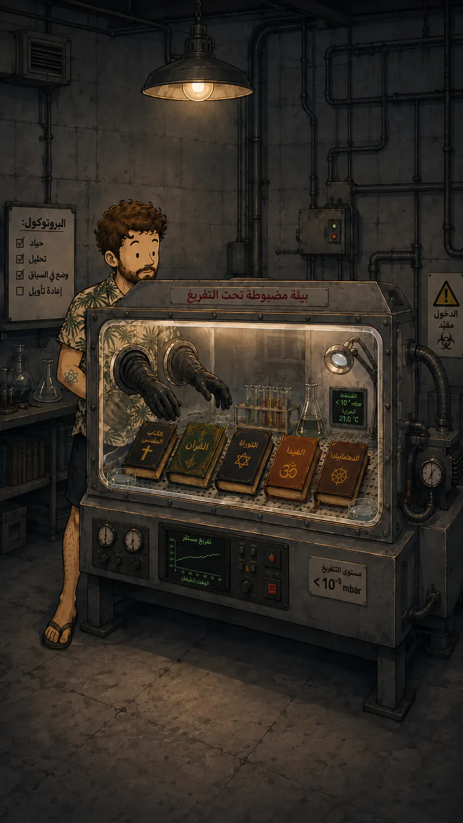 في مختبر، الشخصية تتعامل مع خمسة كتب دينية محبوسة داخل صندوق قفازات مفرّغ، بقفازات سوداء، كأنها مادة خطيرة. وعلى الحائط قائمة « بروتوكول » وآخر خانة فيها، « إعادة التفسير »، ما زالت فارغة