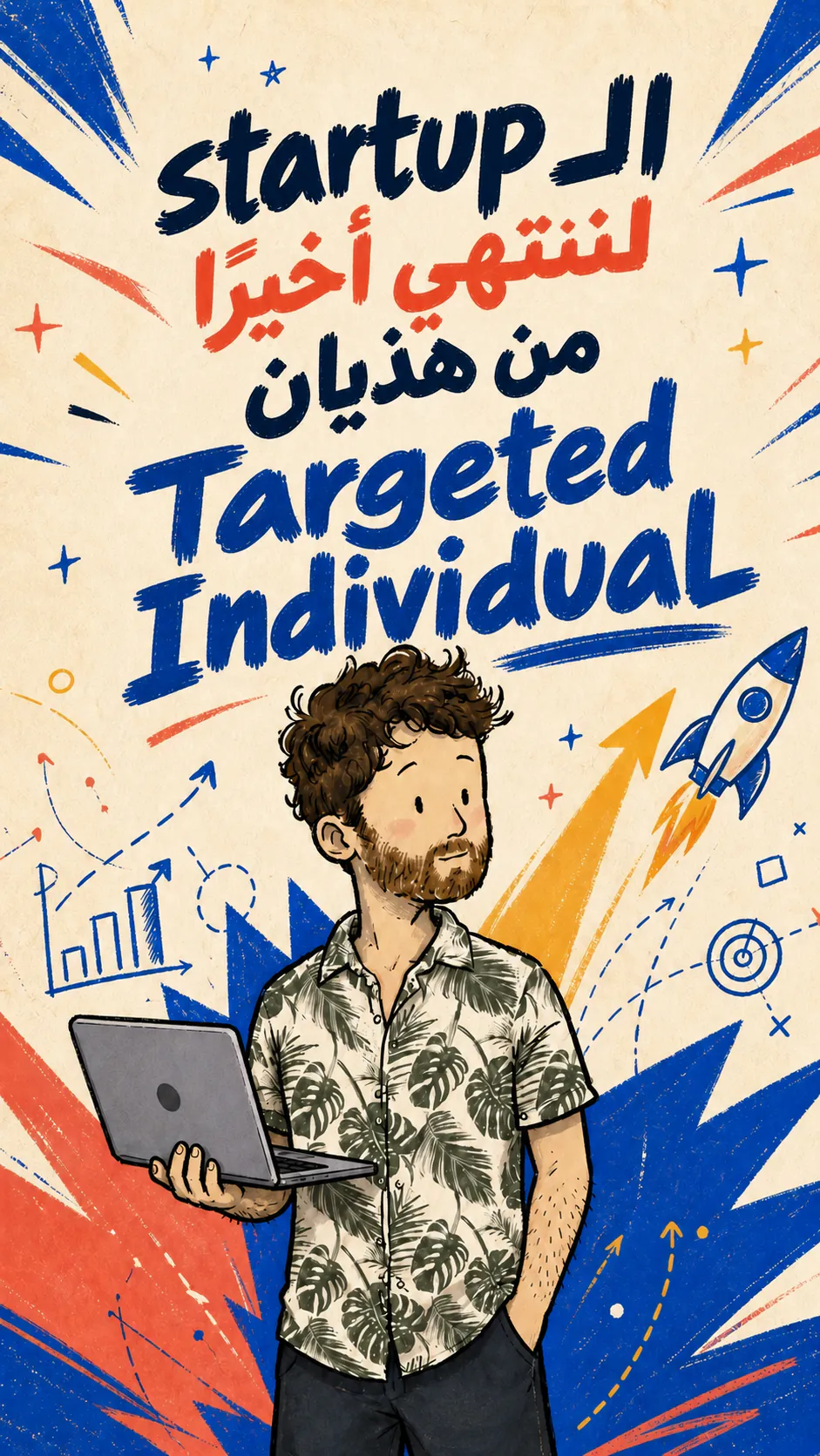 David ماسك لابتوب قدام ملصق ملوّن يعرّف بستارتب Targeted Individual.