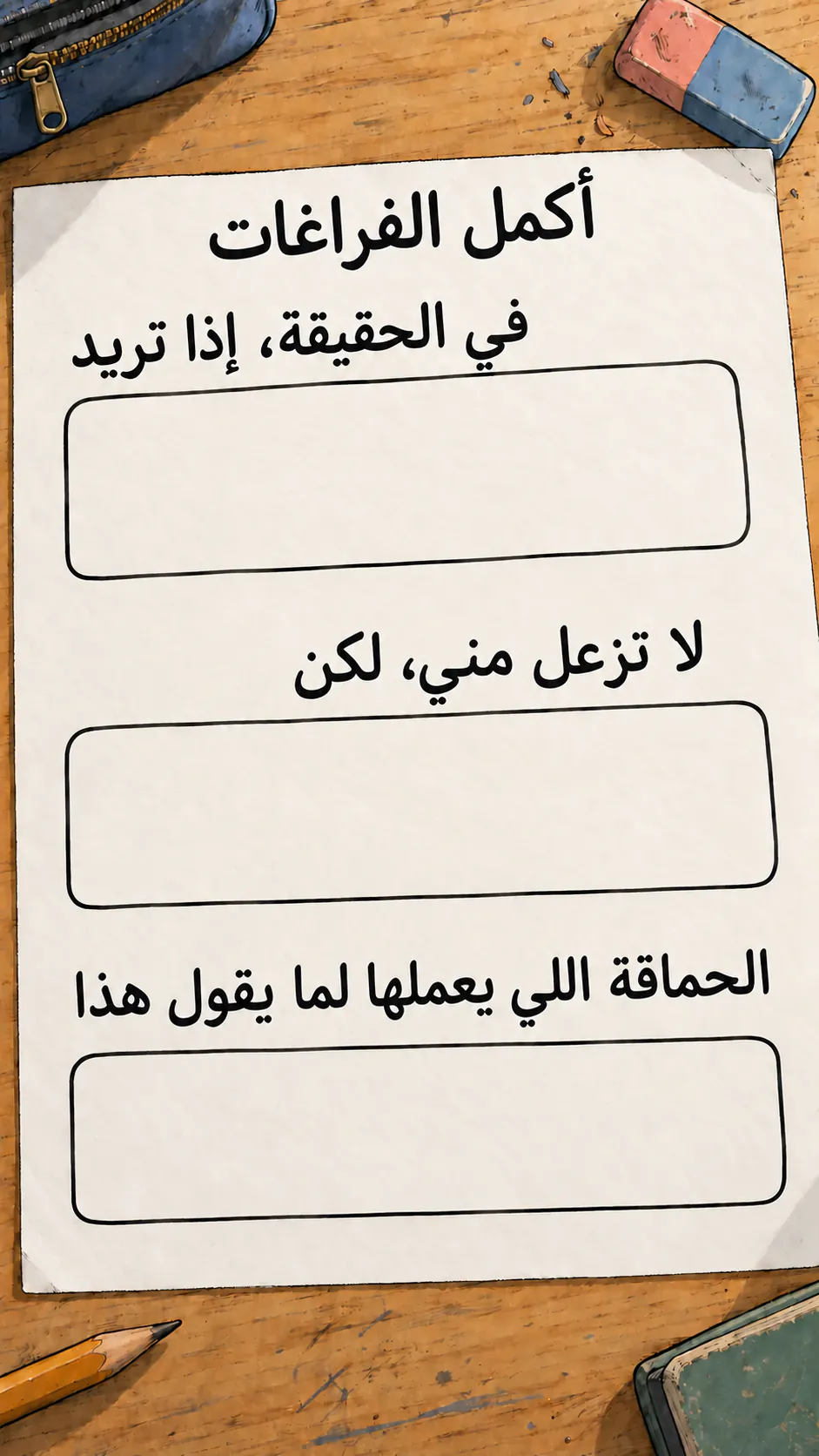 ورقة تمرين موضوعة على طاولة مدرسية، بعنوان «نصوص للإكمال»، فيها ثلاث جمل بخط كبير وثلاث خانات فارغة لكتابة التكملة