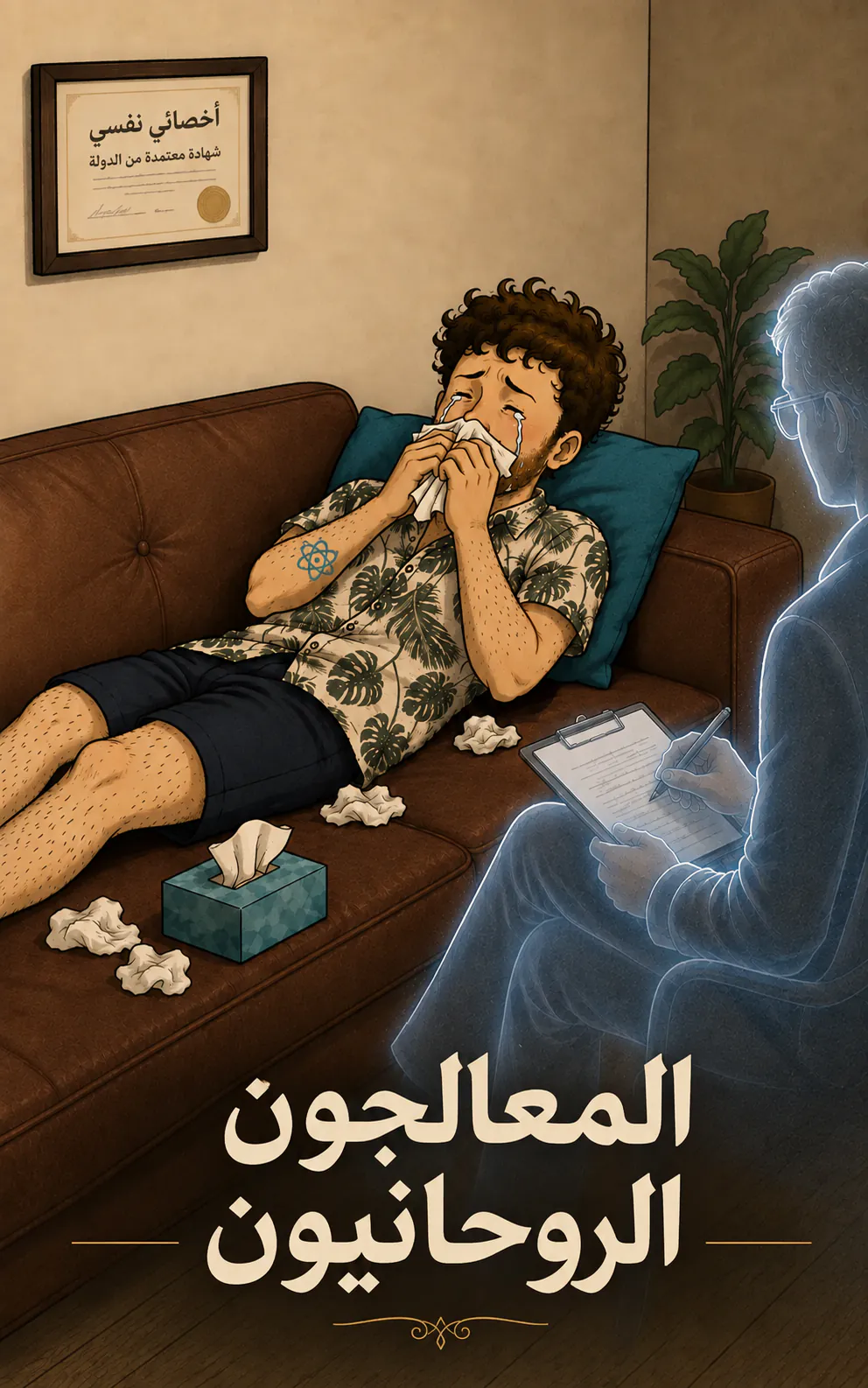 الشخصية ممددة على كنبة في عيادة وتبكي في منديل، وحولها كرات ورق، بينما معالج شفاف يدون ملاحظات، وعلى الحائط شهادة مكتوب فيها «PSYCHOLOGUE». تحت، العنوان «المعالجون الروحانيون»