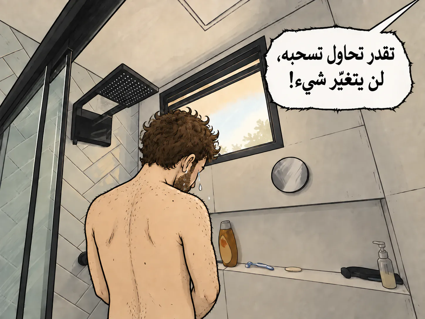 David يبكي من الخلف في حمّام، مع فقاعة كلام مزعجة جاية من خارج الإطار في أعلى اليمين.