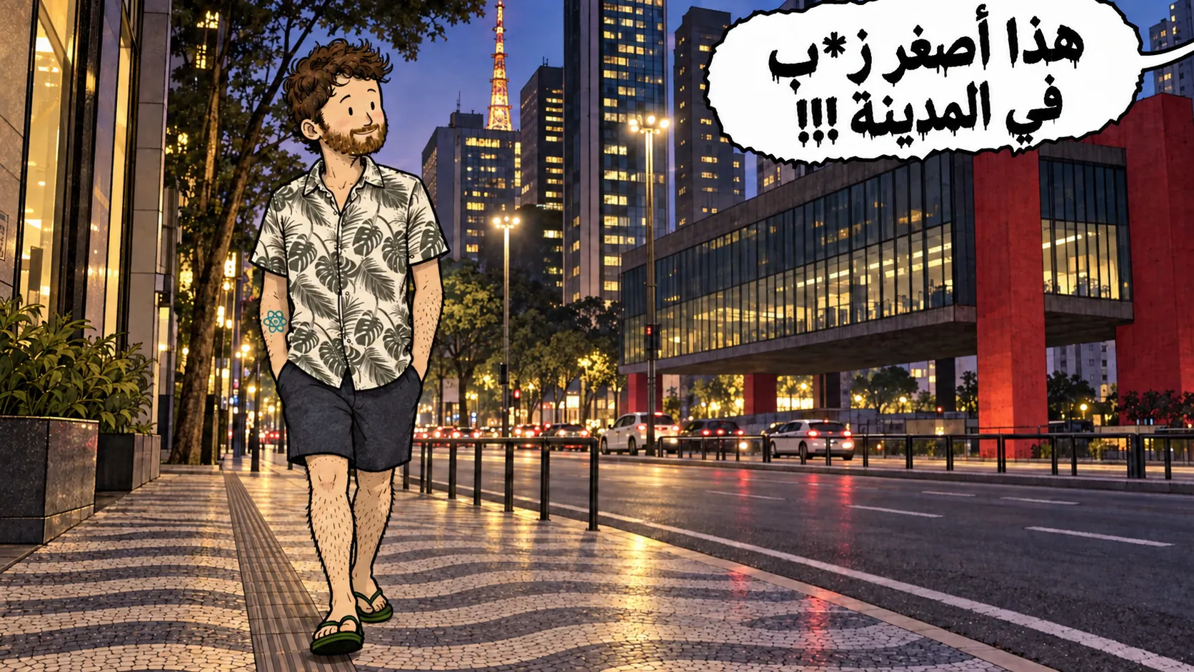 David يمشي في avenida Paulista في São Paulo بالليل، مع فقاعة كلام محجوبة جاية من خارج الإطار