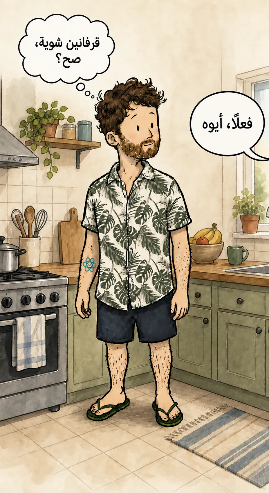 واقف في وسط مطبخ فاتح، بقميص مزهر وشبشب، الشخصية ينظر إلى الجانب. فقاعة تفكير في الأعلى على اليسار تقول: «أنتم شويّ مقرفين، صح؟»، وفقاعة كلام جاية من خارج الكادر على اليمين ترد: «فعلاً إيه !!»
