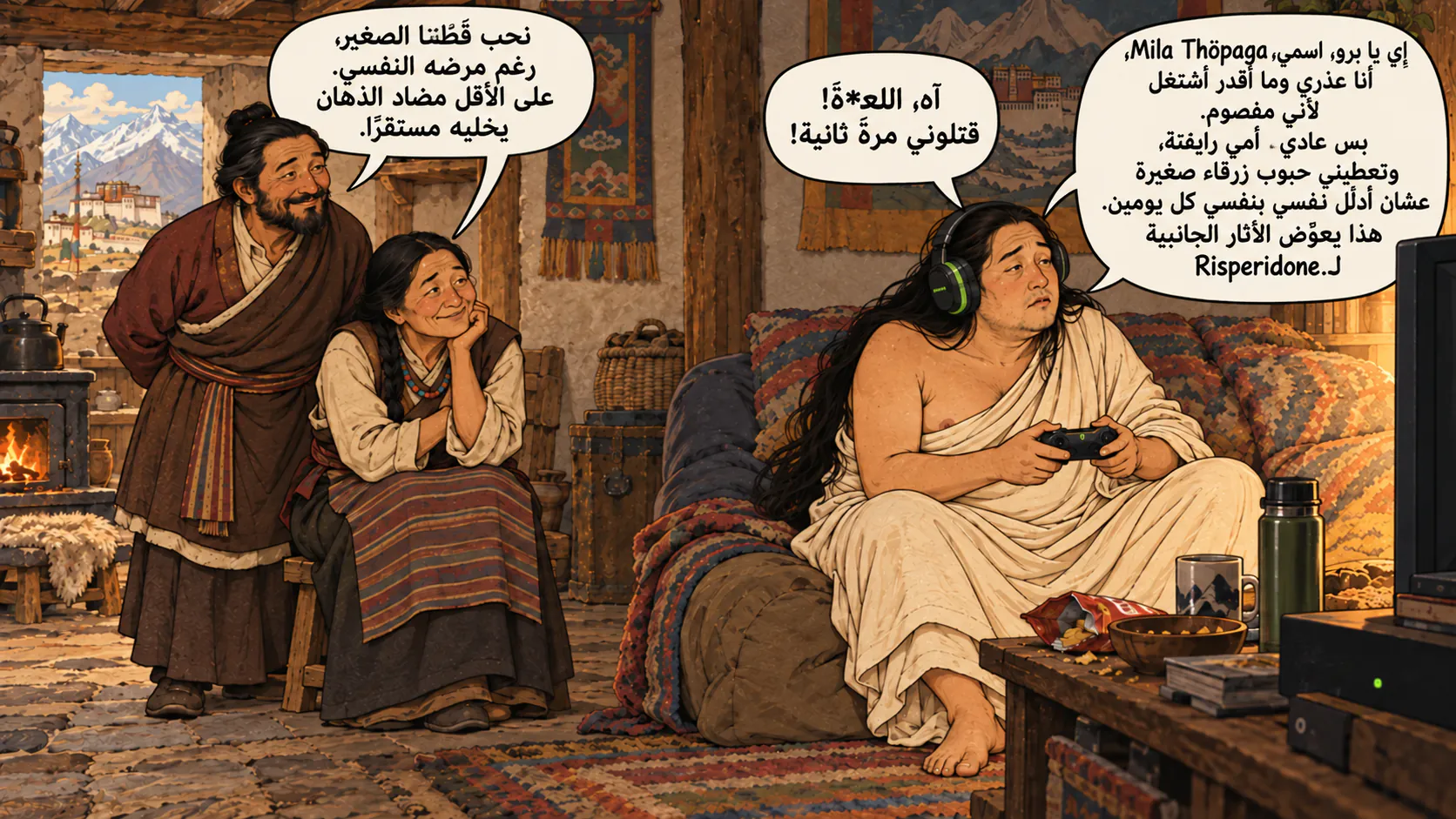 Yogi Milarepa، أكثر امتلاءً وشاحبًا، يلعب على الكونسول قدام تلفاز وهو لابس سماعة gamer، بينما والديه المبتسمان يراقبانه.