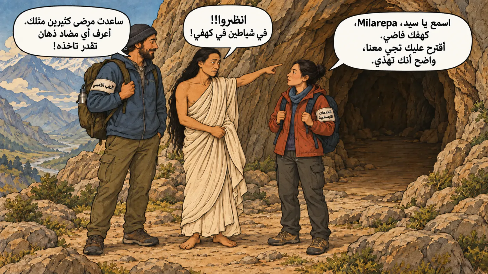 Yogi Milarepa يشير إلى داخل كهف فارغ بينما يتحدث إليه متطوعان عصريان يضعان أذرعًا تحمل «PSYCHIATRIE» و«ASSISTANCE SOCIALE».