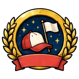 A medalha de Pioneiro, um boné vermelho e uma bandeira branca sobre um céu estrelado, cercados por uma coroa de louros dourada.