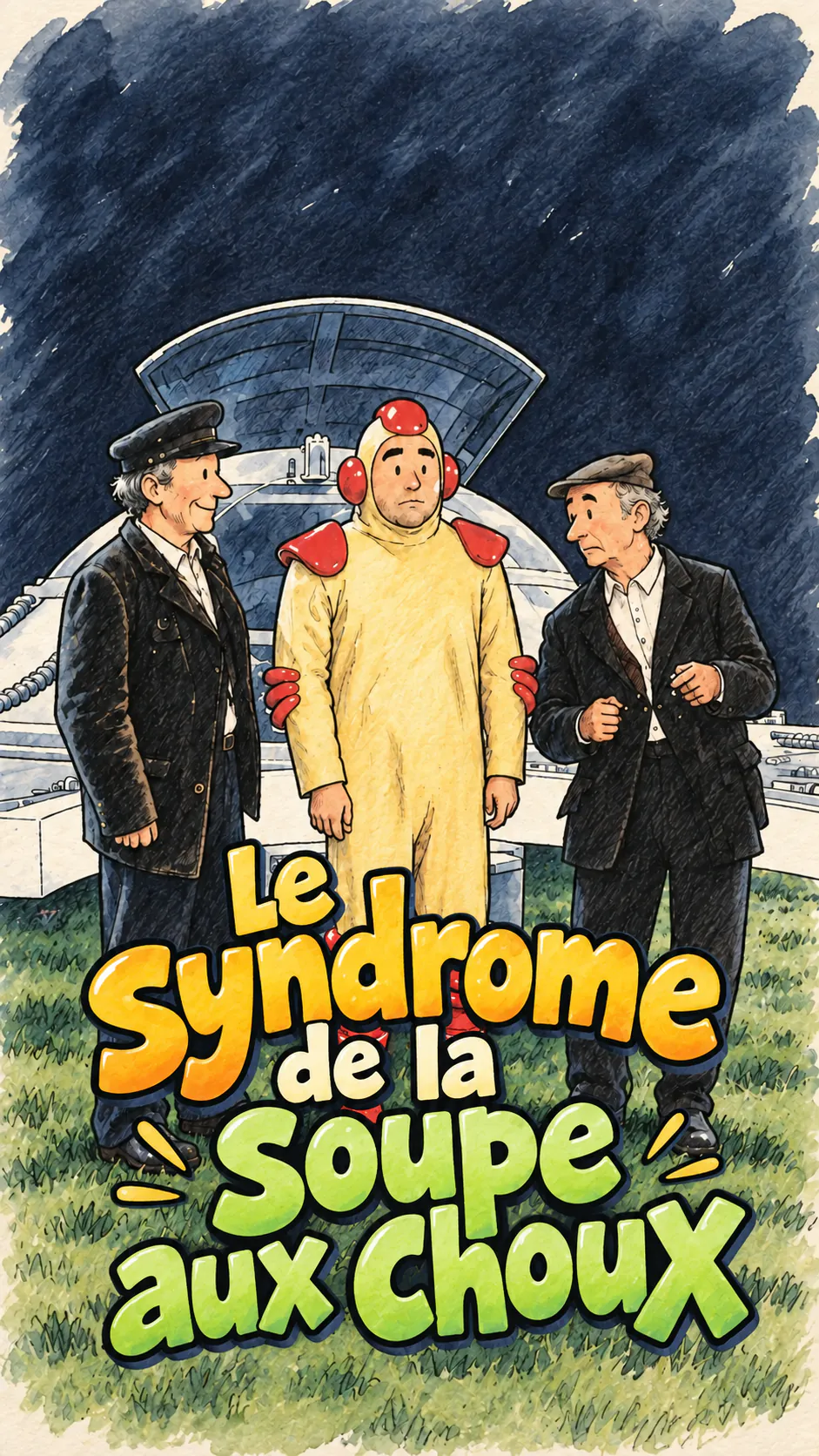 Three characters standing in front of a flying saucer, in a comic-book style