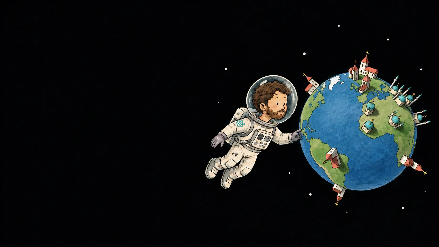 David flotte en combinaison d’astronaute près d’une Terre parsemée de bâtiments religieux.