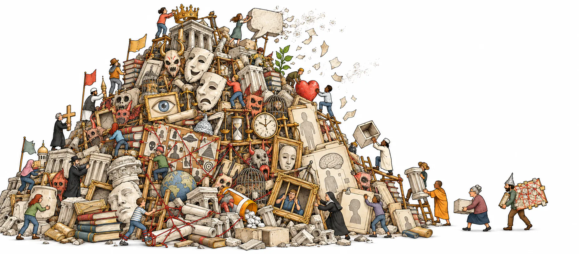 Des humains empilent des livres, des symboles religieux, des démons imaginés, des théories de complot et des classifications psychiatriques en une immense montagne de concepts. Certains se retrouvent pris dans leur propre construction.