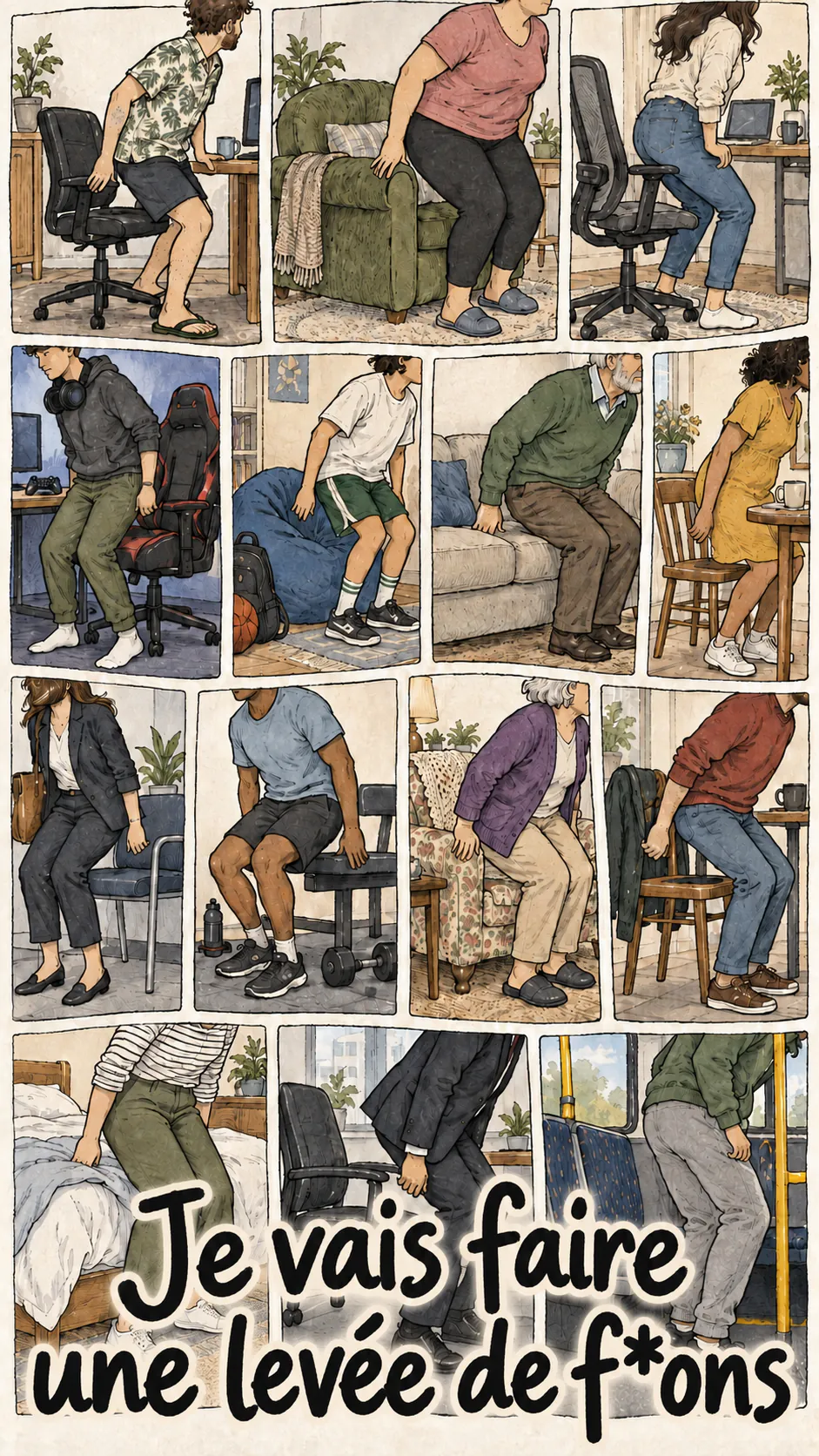 A hand-drawn mosaic shows people with varied profiles standing up from their everyday chairs, armchairs, and seats.