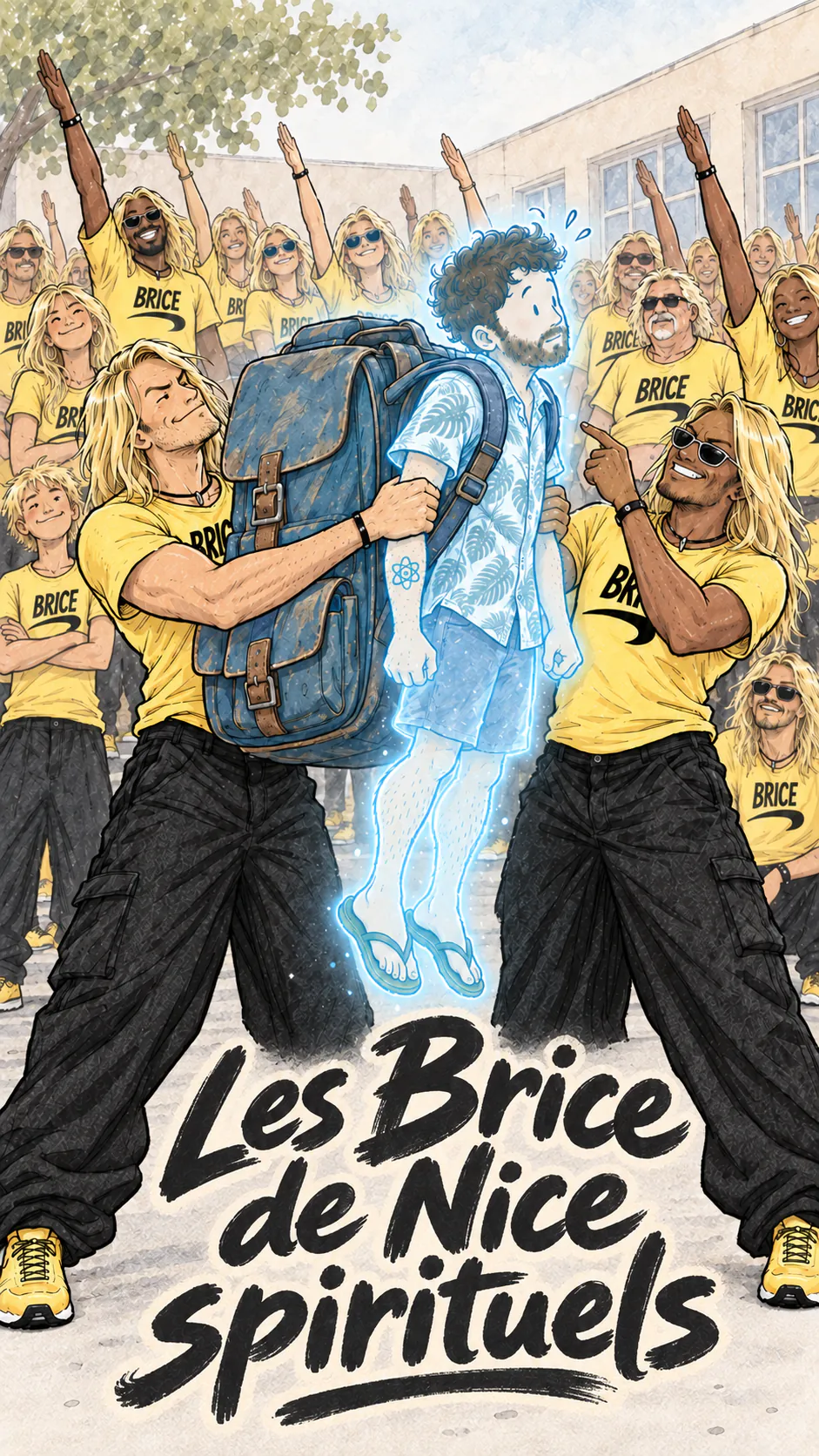 David's spirit, carrying an enormous school satchel, is lifted by two Brice de Nice characters while a crowd of Brices surrounds them.