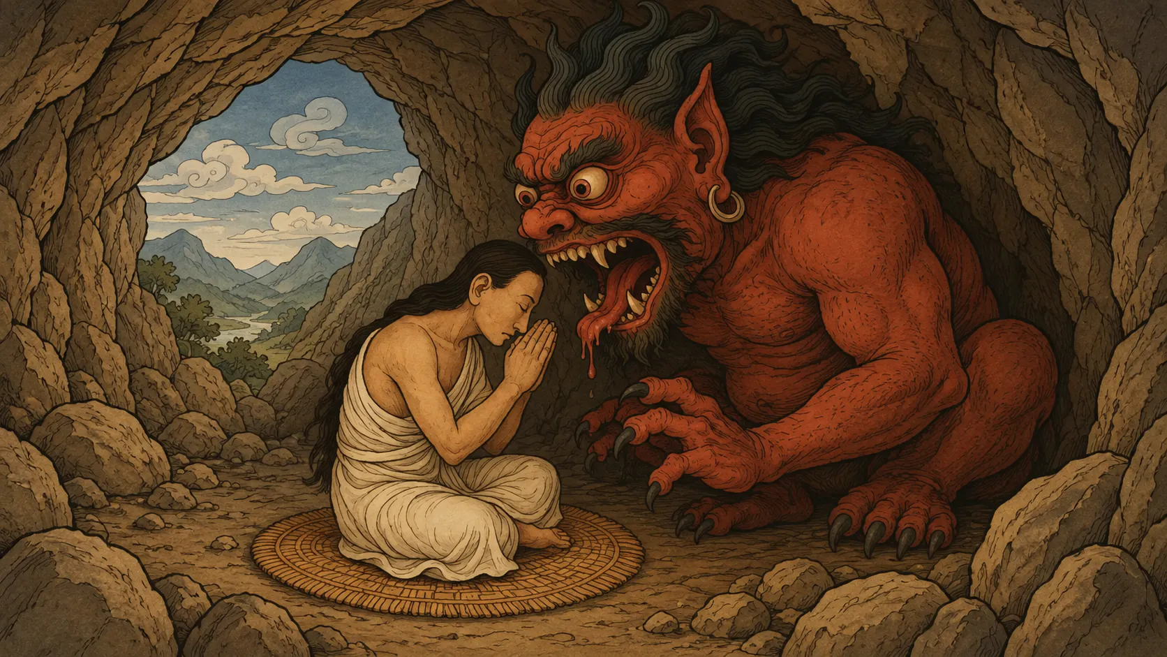 Yogi Milarepa sits in a cave surrounded by colorful demons