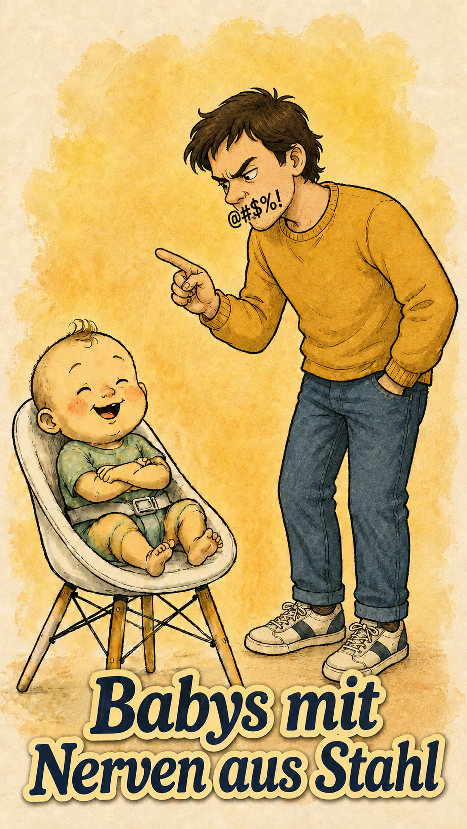 Ein Baby lacht völlig unbeeindruckt, während ein genervter Mann mit dem Finger auf es zeigt und mit ihm spricht; unten steht der Titel « Babys mit Nerven aus Stahl ».
