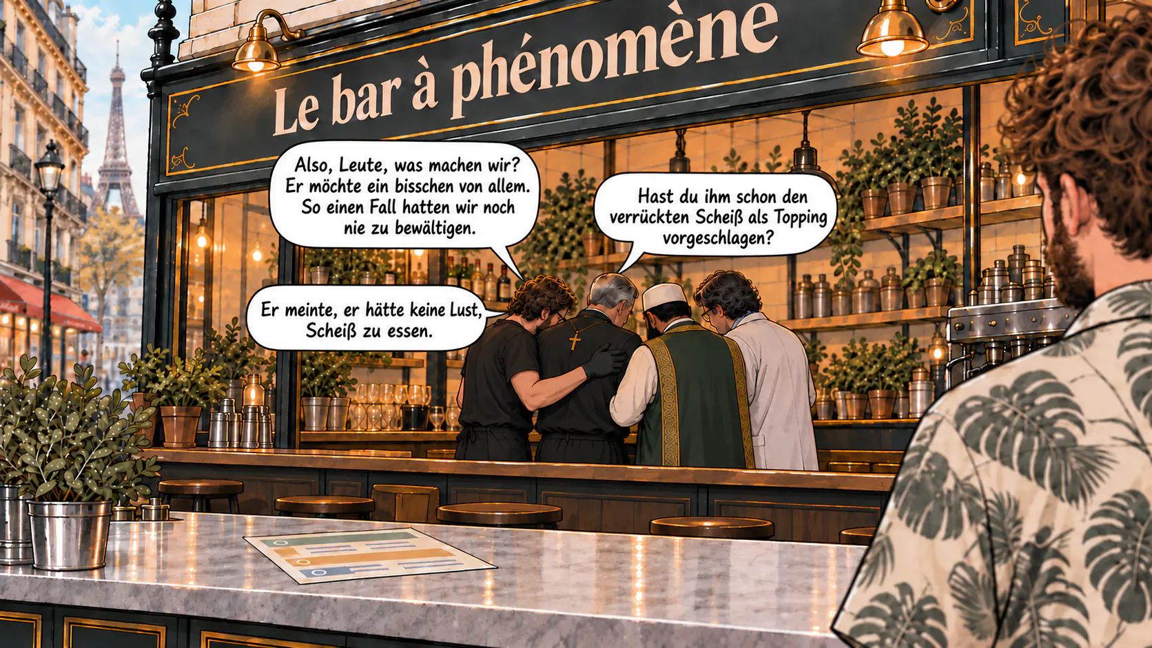 Die Angestellten der Phänomen-Bar beraten sich diskret im hinteren Bereich des Lokals