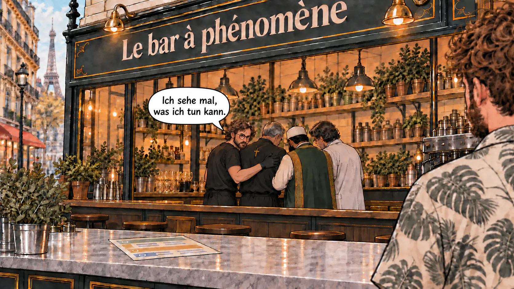 Der Verschwörungstheoretiker antwortet, nachdem er sich hinten in der Phänomen-Bar mit seinen Kollegen beraten hat
