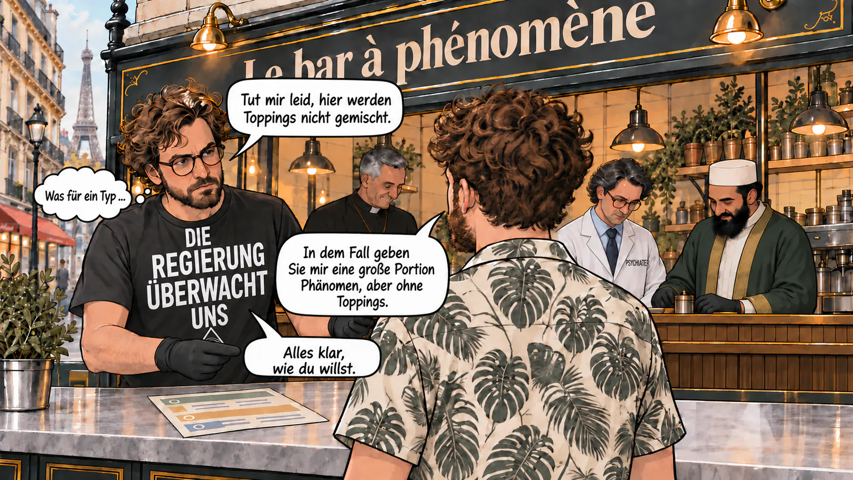 Eine neue Dialogszene in der Phänomen-Bar mit drei Sprechblasen und einer Gedankenblase