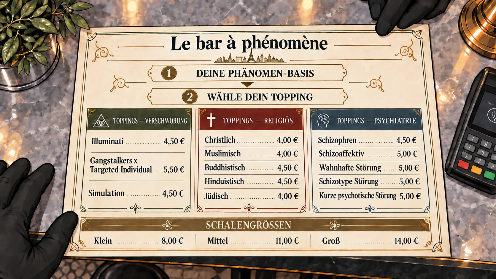Eine Draufsicht auf die Speisekarte der Phänomen-Bar mit Topping-Kategorien und Preisen