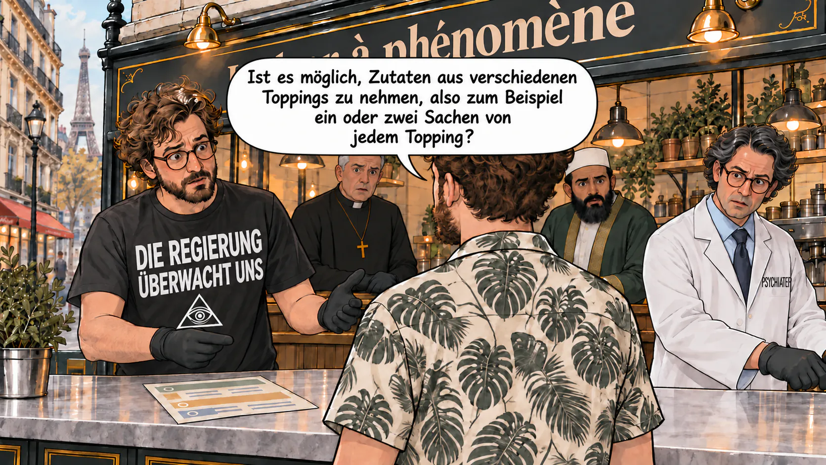 Die Angestellten der Phänomen-Bar reagieren auf die Frage der Hauptfigur