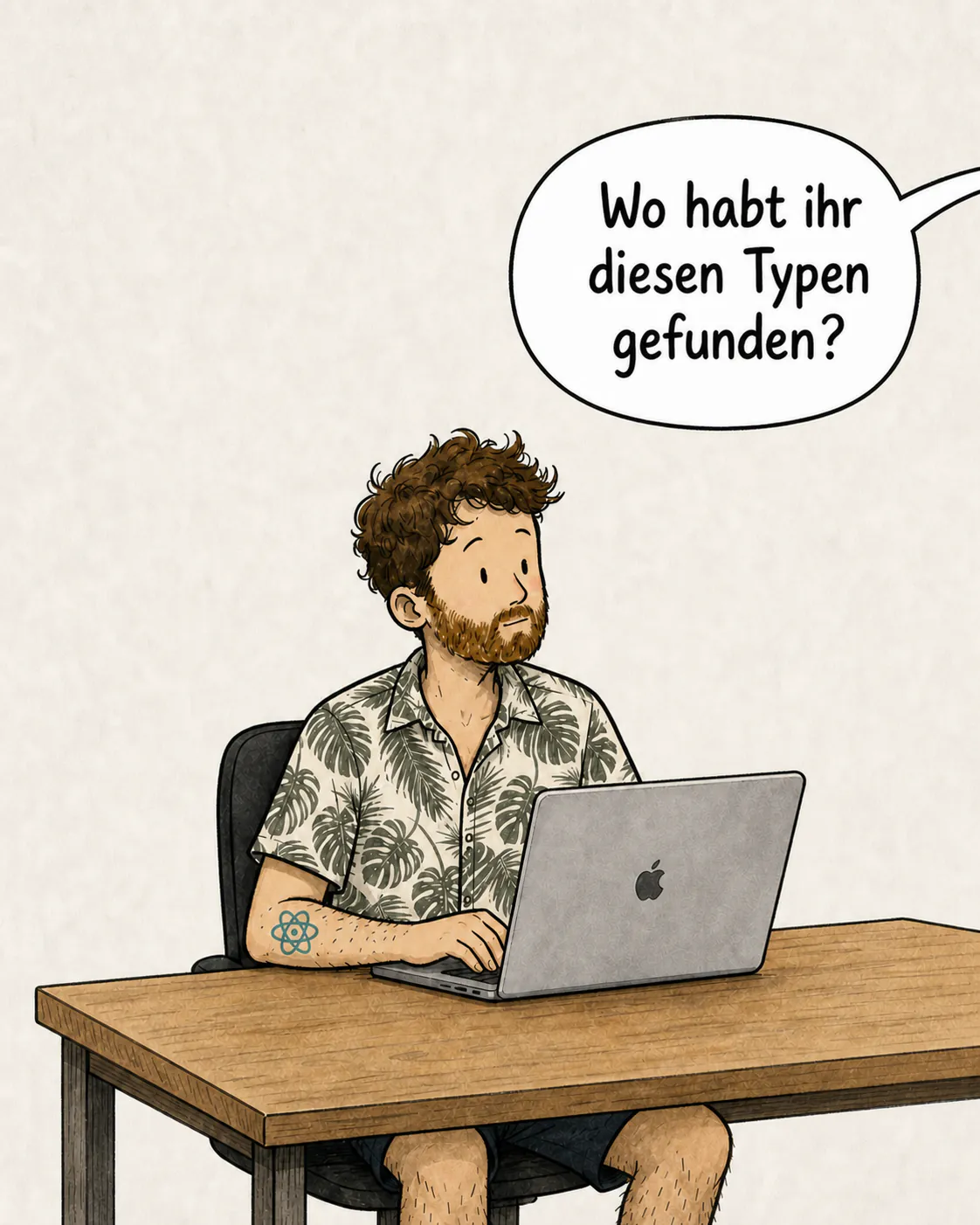 An einem Holztisch vor einem Laptop sitzend, blickt die Figur zu einer Sprechblase auf, die fragt « Wo habt ihr diesen Typen gefunden? »