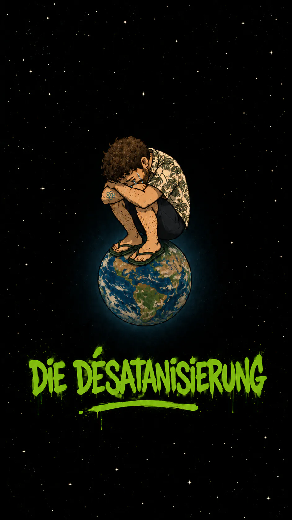 Zusammengekauert und in Tränen sitzt David auf der Erdkugel, im Sternenraum, über dem grünen Titel « Die Desatanisierung ».