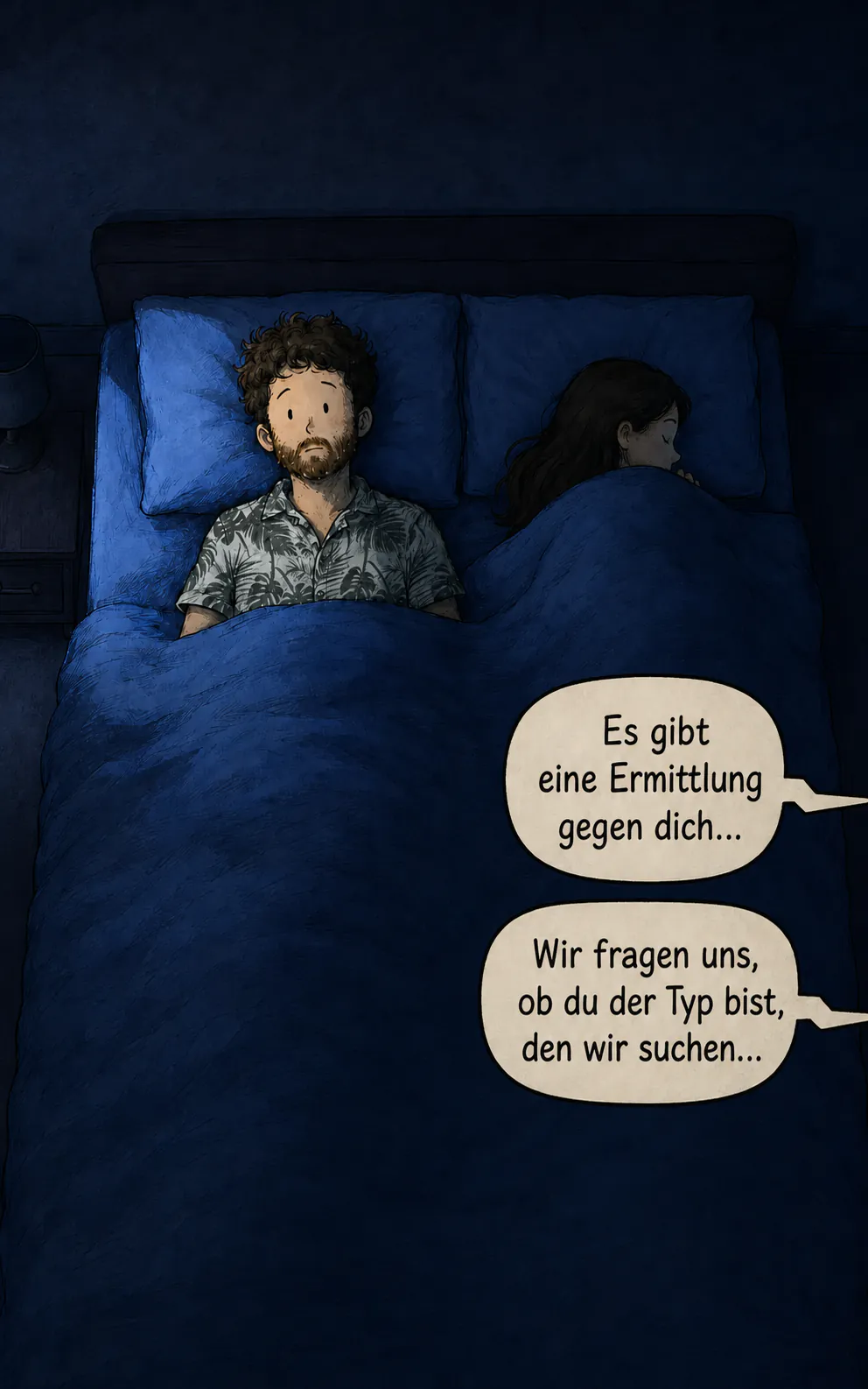 Nachtszene von oben: die Figur liegt wach im Bett, die Frau schläft daneben. Zwei Blasen kommen von außerhalb des Bildes: « Es gibt eine Ermittlung gegen dich… » und « Wir fragen uns, ob du der Typ bist, den wir suchen… »