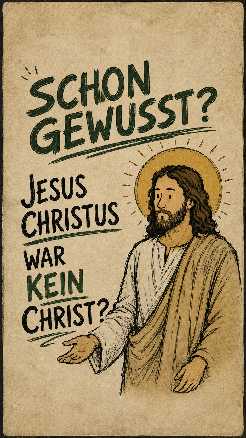 Plakat auf beigem Papier. Oben, in Grün: « SCHON GEWUSST? ». Links, in schwarzen Großbuchstaben: « JESUS CHRISTUS WAR KEIN CHRIST? », wobei « KEIN » grün ist. Rechts Jesus mit Heiligenschein, die Hand offen, Handfläche nach oben