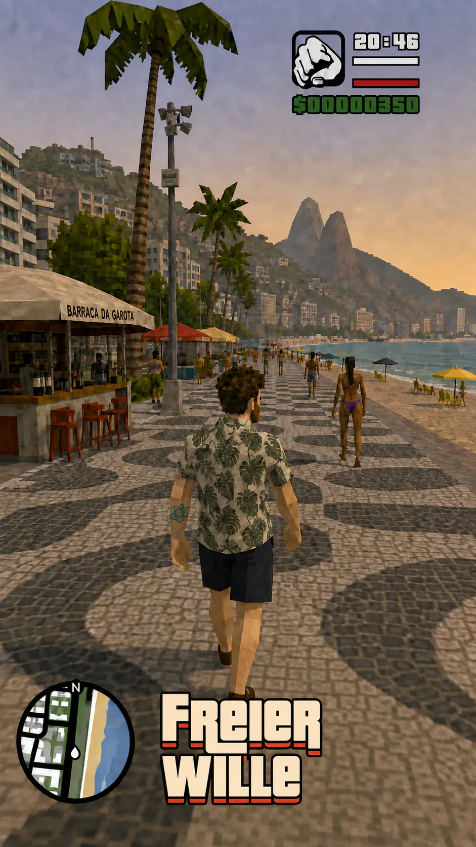 Vertikaler Screenshot eines Low-Poly-Videospiels: David läuft von hinten gesehen über die Promenade von Ipanema, zwischen Strand und Kiosken. Oben rechts ist ein HUD, unten links eine Minikarte und der zweizeilige Titel « Freier Wille » zu sehen.
