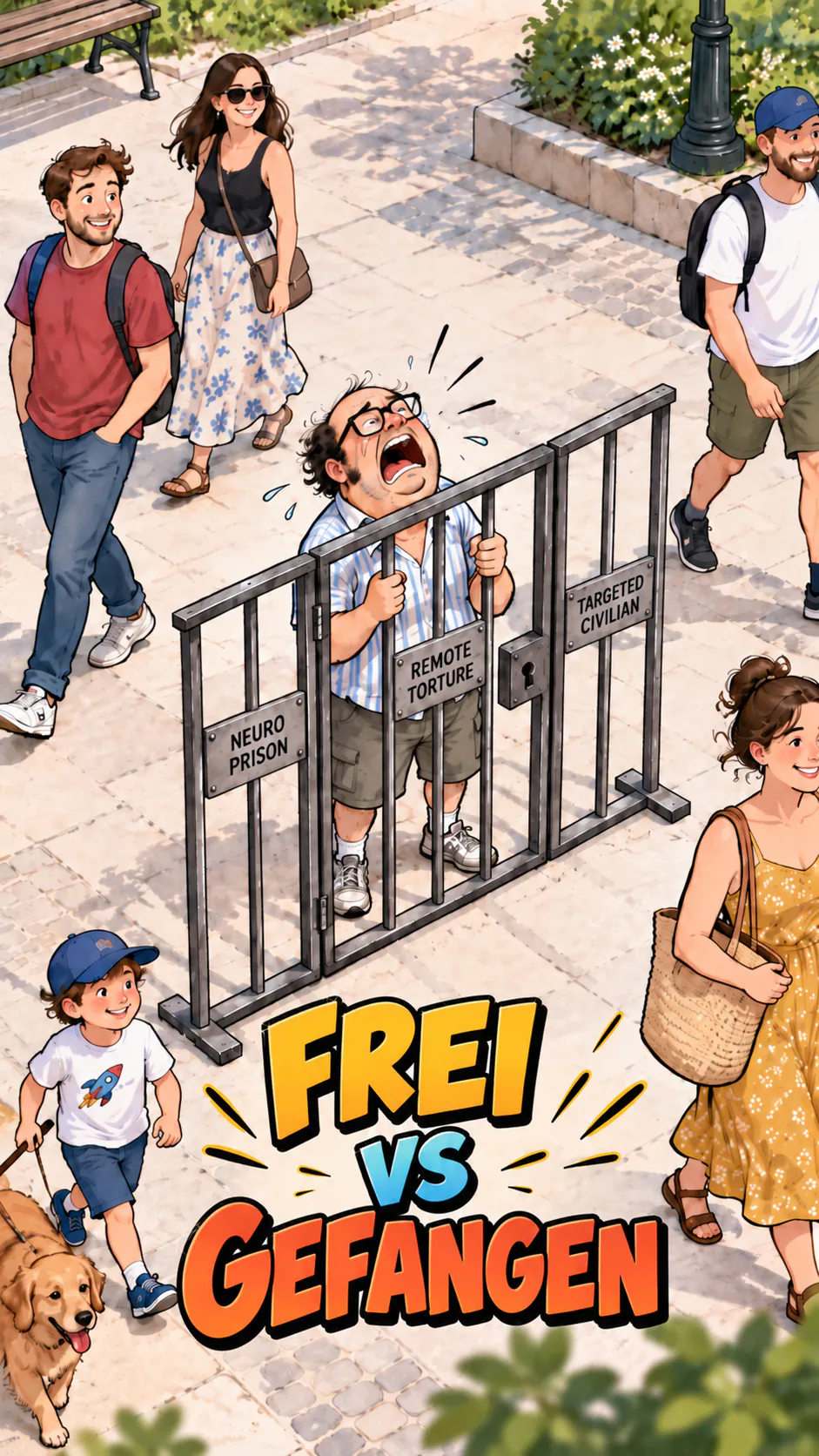 Ein Mann hinter einem Gitter, umgeben von den Worten « Neuro prison », « Remote torture » und « Targeted civilian », unten mit dem Titel « Frei vs. Gefangen ».