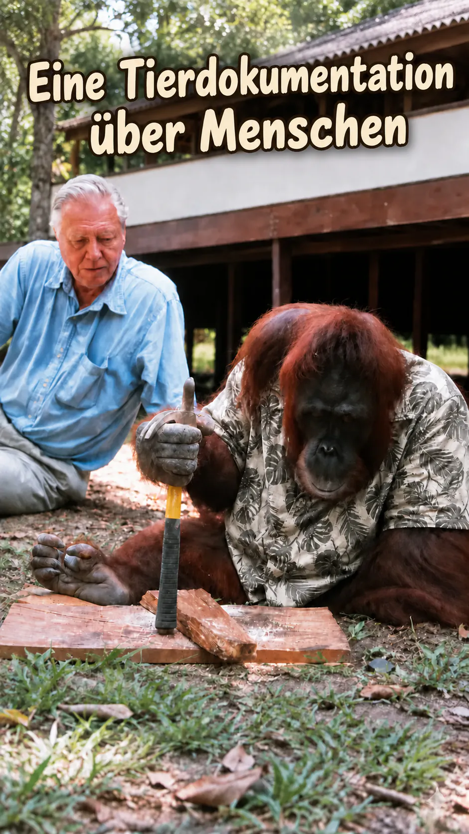 Ein älterer Mann und ein Orang-Utan im gemusterten Hemd arbeiten mit einem Hammer an einem Brett, unter dem Titel « Eine Tierdokumentation über Menschen ».